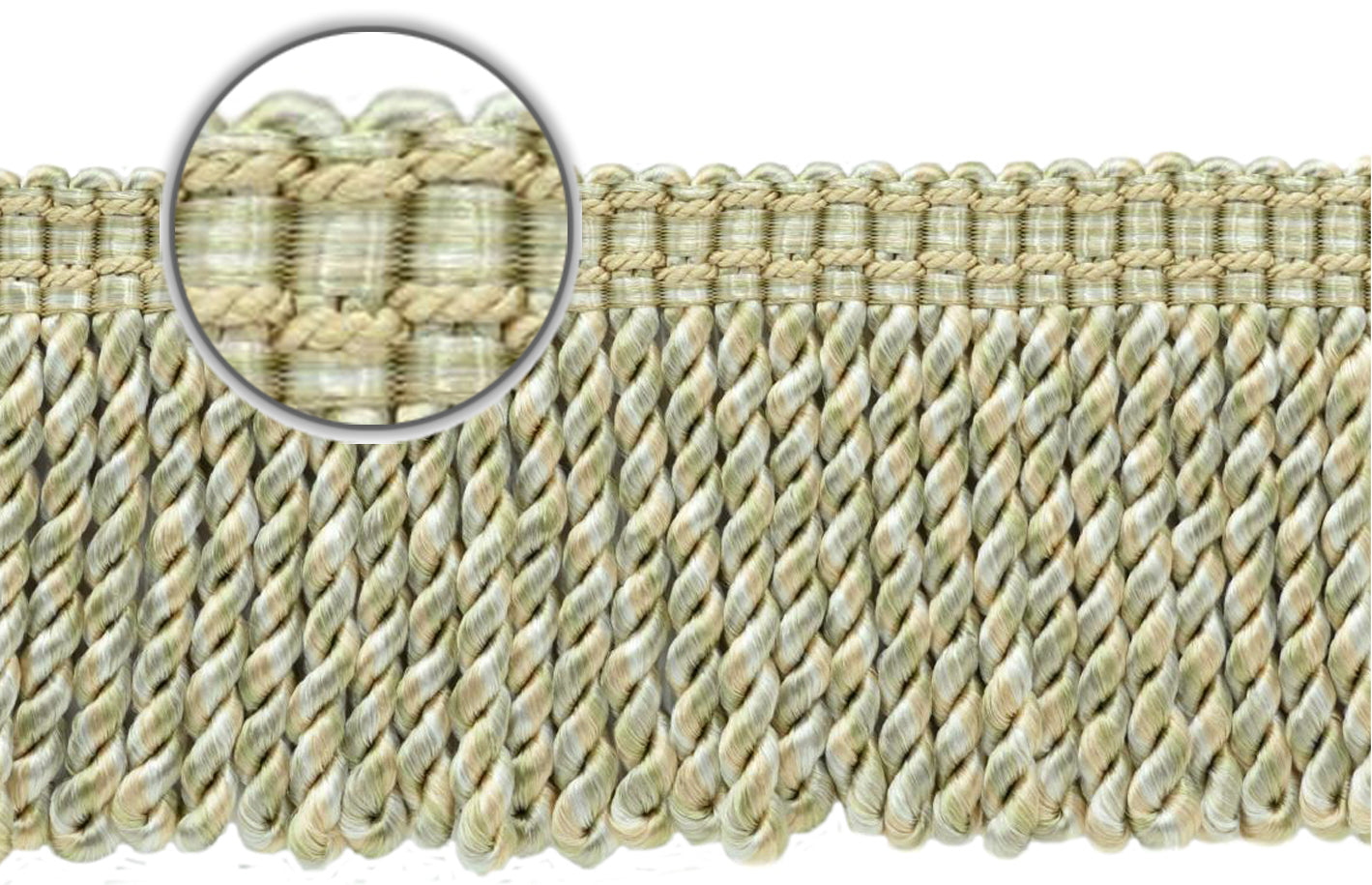 DÉCOPRO 3" (7.5cm) Bullion Fringe Trim with Fancy Woven Gimp Header # BFMLT3WVN, Sand Dollar Beige #PR11 (Tan Beige, Light Beige, Cream Ivory) | Sold By The Yard (36"/3 ft/0.9m) - DecoPro