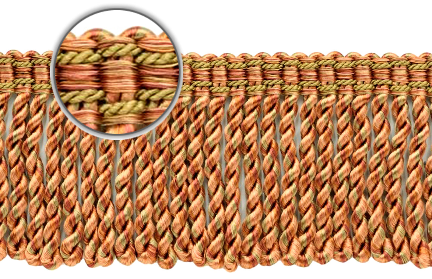 DÉCOPRO 3" (7.5cm) Bullion Fringe Trim with Fancy Woven Gimp Header # BFMLT3WVN, Sunstone Orange #PR21 (Brown Orange, Light Red, Light Pink) | Sold By The Yard (36"/3 ft/0.9m) - DecoPro