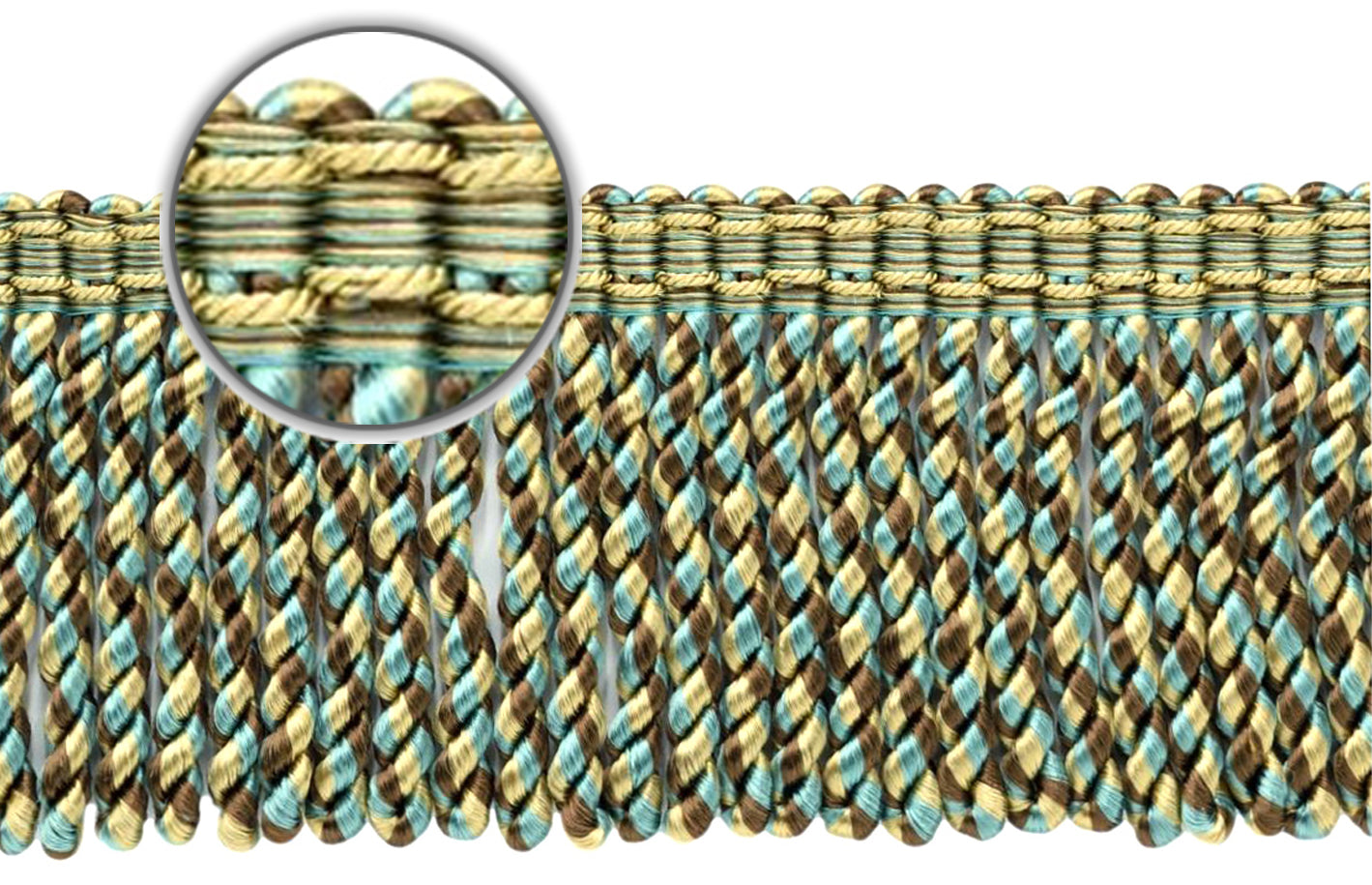 DÉCOPRO 3" (7.5cm) Bullion Fringe Trim with Fancy Woven Gimp Header # BFMLT3WVN, Topaz Beige #PR24 (Gold Beige, Chocolate Brown, Sky Blue) | 5 Yards (15 ft/4.5m) - DecoPro