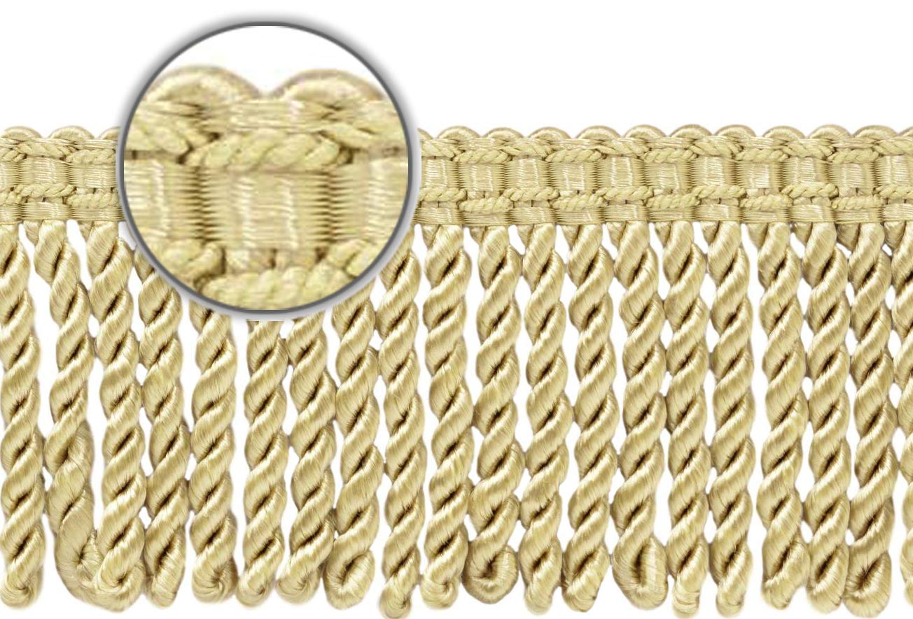 DÉCOPRO 3" (7.5cm) Fancy Solid Woven Gimp Header Satiny Bullion Fringe Trim # BFS3WVN, Sandstone Beige #A10 (Light Tan Beige) | 5 Yards (15 ft/4.5m) - DecoPro