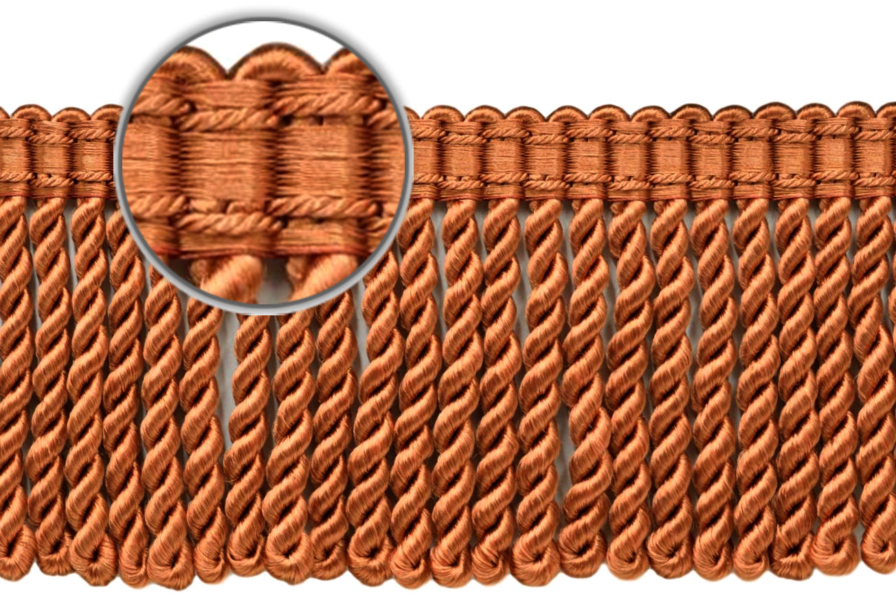 DÉCOPRO 3" (7.5cm) Fancy Solid Woven Gimp Header Satiny Bullion Fringe Trim # BFS3WVN, Dark Rust Orange #K50 (Dark Brown Orange) | Sold By The Yard (36"/3 ft/0.9m) - DecoPro