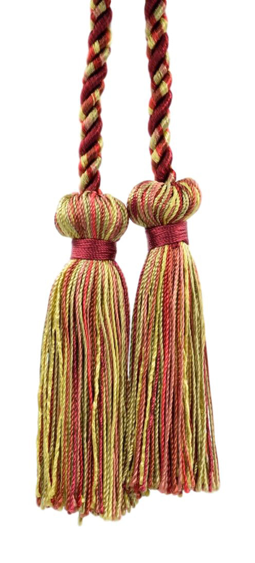 DÉCOPRO Decorative Double Tassel Curtain and Drapery Tieback / Holdback, 3" (7.5cm), 27" (68.5cm) # CCT, Cajun Red #PR15 (Crimson Red, Light Beige, Light Gold) | Set of 4 - DecoPro