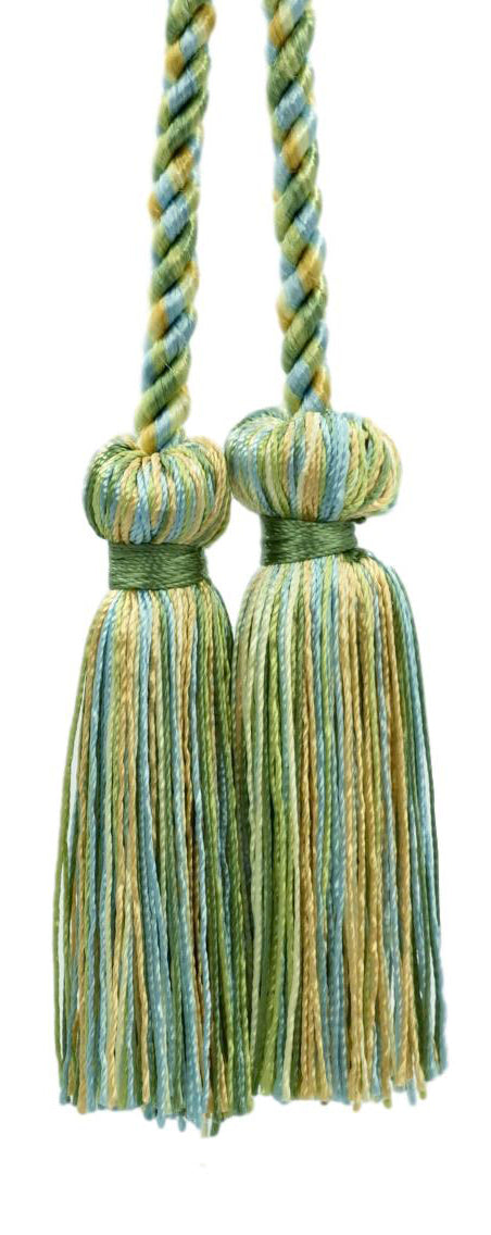 DÉCOPRO Decorative Double Tassel Curtain and Drapery Tieback / Holdback, 3" (7.5cm), 27" (68.5cm) # CCT, Summer Green #PR17 (Light Green, Sky Blue, Yellow Gold) | Set of 4 - DecoPro
