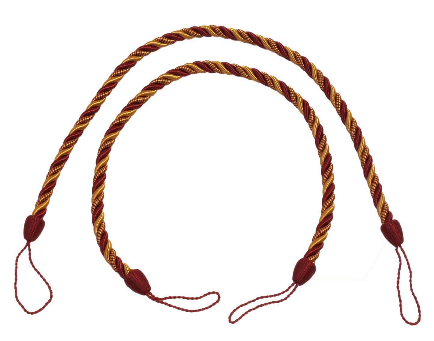 DÉCOPRO Beautifully Handcrafted Curtain and Drapery Decorative Rope Tieback, Spread 26" (66cm), 1/2" (1cm) Thick # CCTB, Burgundy Gold Red #1253 (Carmine Red, Yellow Gold, Dark Red) | 2 Pairs (Set of 4) - DecoPro
