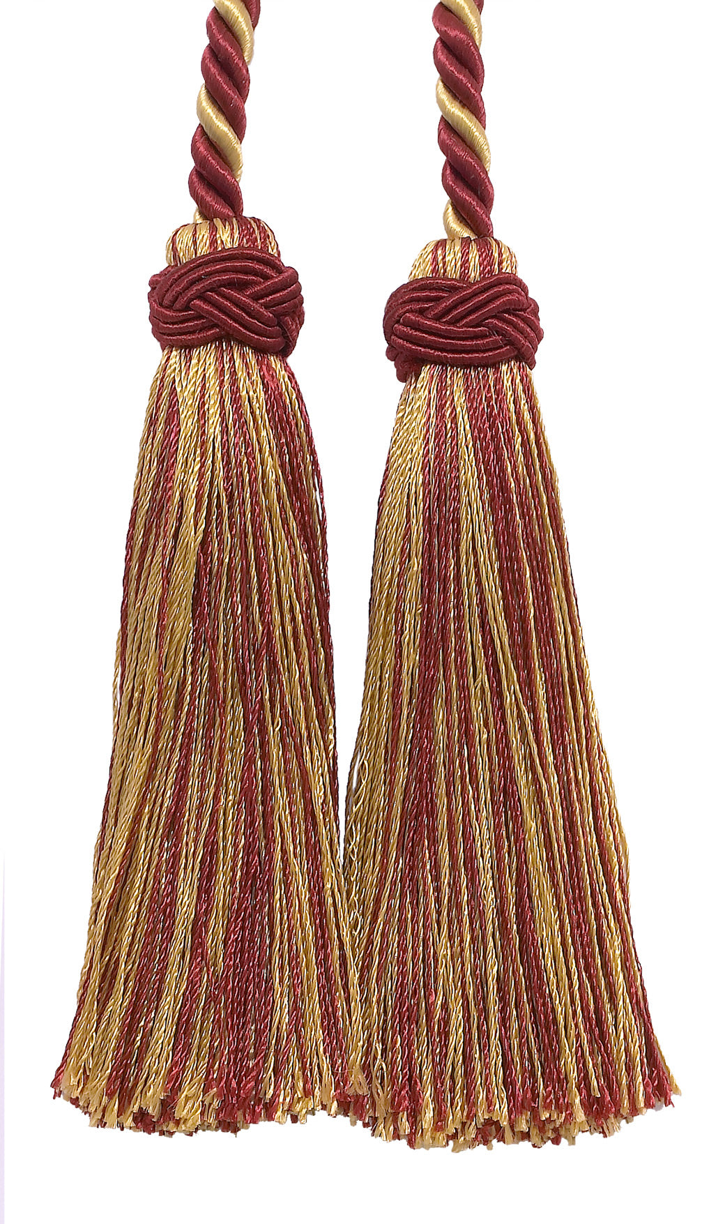 DÉCOPRO Imperial Collection Double Tassel Curtain and Drapery Tieback / Holdback, 4" (10cm), 26" (66cm) # ICT, Burgundy Gold Red #1253 (Carmine Red, Yellow Gold, Dark Red) | Set of 4 - DecoPro