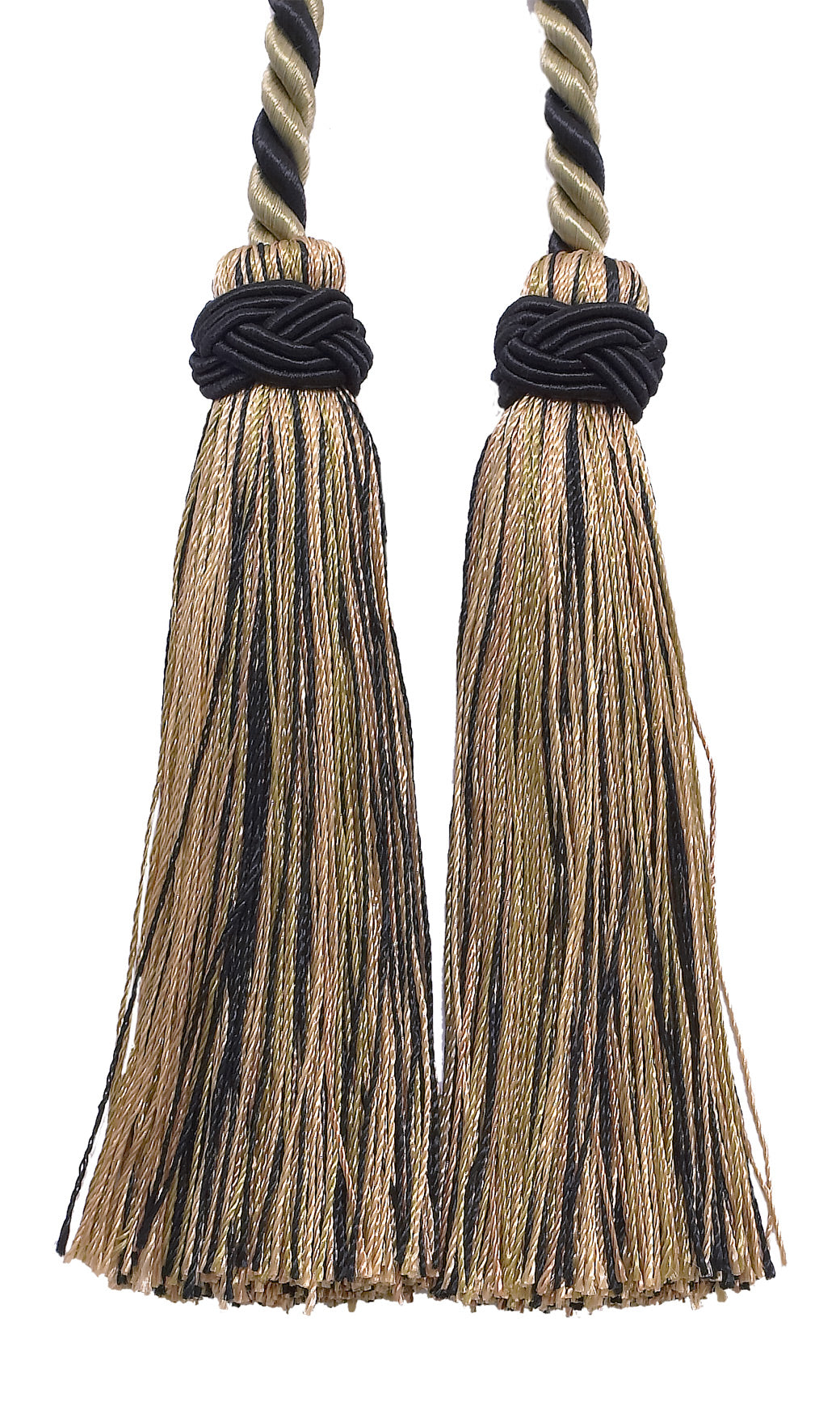 DÉCOPRO Imperial Collection Double Tassel Curtain and Drapery Tieback / Holdback, 4" (10cm), 26" (66cm) # ICT, Tan Beige Black #4363 (Pure Black, Tan Beige, Light Beige) | Set of 4 - DecoPro