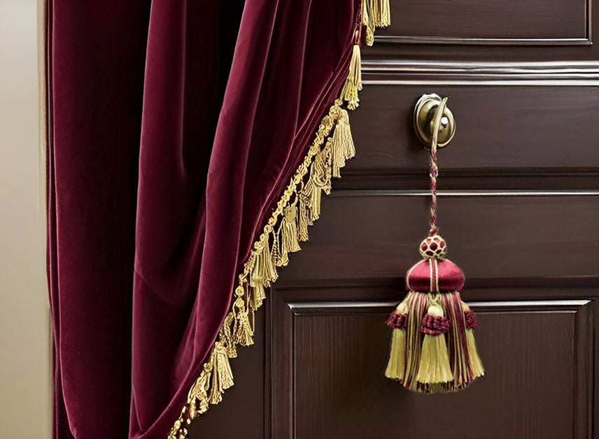 DÉCOPRO Elegant Hand-crafted 4" accented with Crown Tassels # KTAX4, Burgundy Gold Red #1253 (Carmine Red, Yellow Gold, Dark Red) | Sold Individually - DecoPro