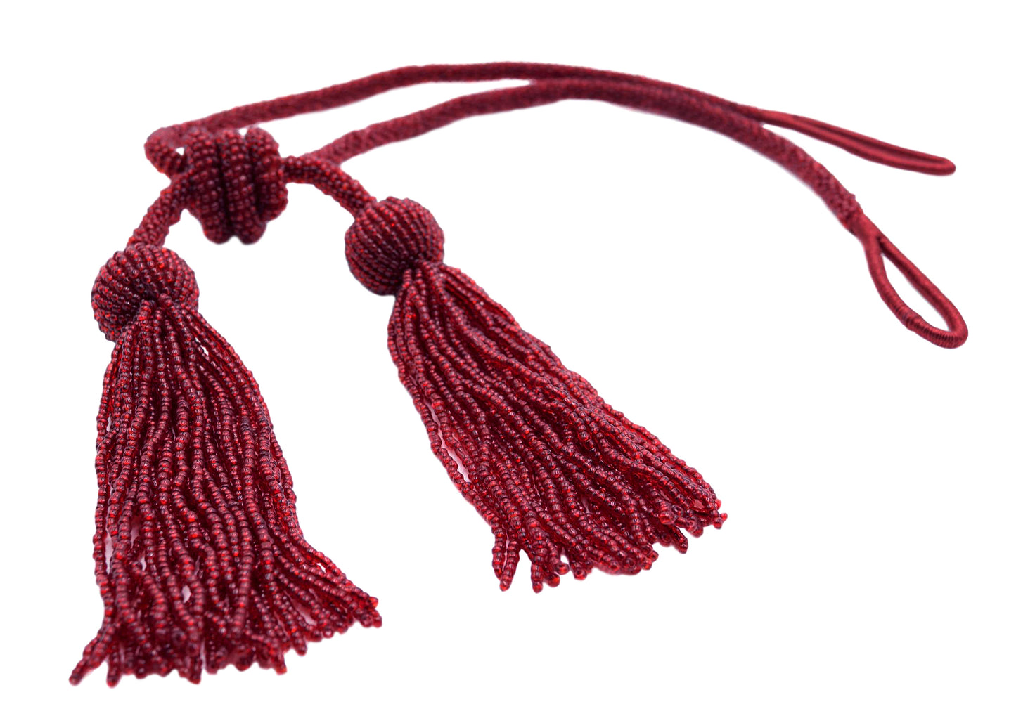 DÉCOPRO Opulent Beaded Curtain Double Tassel Tieback, Handcrafted with Elaborately Hand-strung Glass Seed Beads, Tassel Length 4 1/2" (11cm), Spread 26" (66cm) # TBBD4502 Cherry Red #E13 (Dark Crimson Red) | Sold Individually - DecoPro