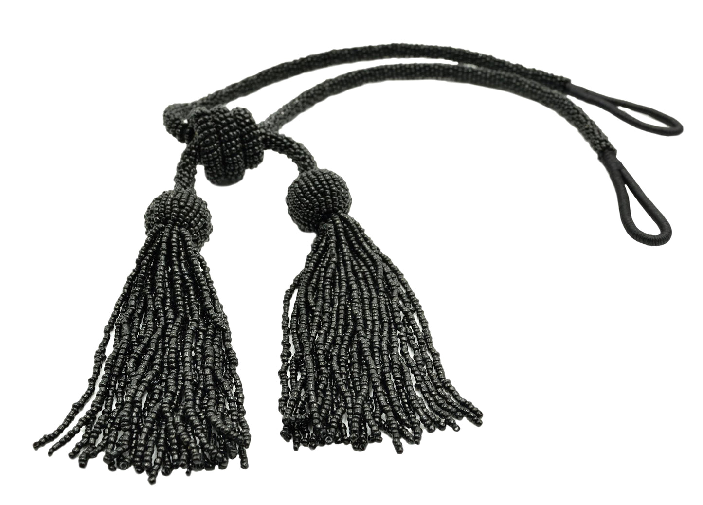 DÉCOPRO Opulent Beaded Curtain Double Tassel Tieback, Handcrafted with Elaborately Hand-strung Glass Seed Beads, Tassel Length 4 1/2" (11cm), Spread 26" (66cm) # TBBD4502 Pure Black #K9 (Jet Black) | Set of 4 - DecoPro