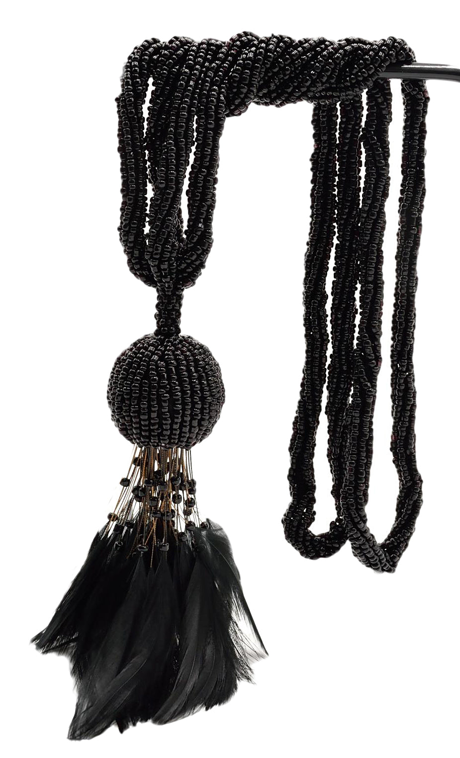 DÉCOPRO Beautiful Beaded Curtain Tassel Tieback Exquisitely Handcrafted with Exotic Feather Design, Tassel Length 5" (12.5cm), Spread 23" (58cm) # TBBDFEATH5 Pure Black #K9 (Jet Black) | Set of 2 - DecoPro