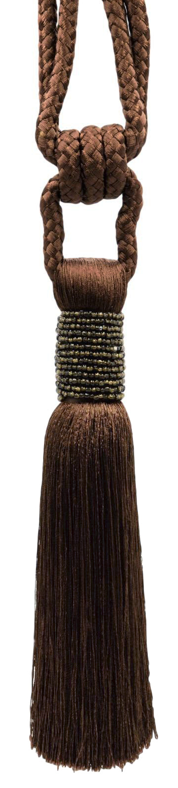 DÉCOPRO Classic Beaded Curtain Tassel Tieback, Handcrafted with Diamond Braided Cord and Seed Bead Vintage Design, Tassel Length 7" (17.5cm), Spread 34" (86cm) # TBBE7 Mocha Brown #D2 (Dark Chocolate Brown) | Set of 2 - DecoPro