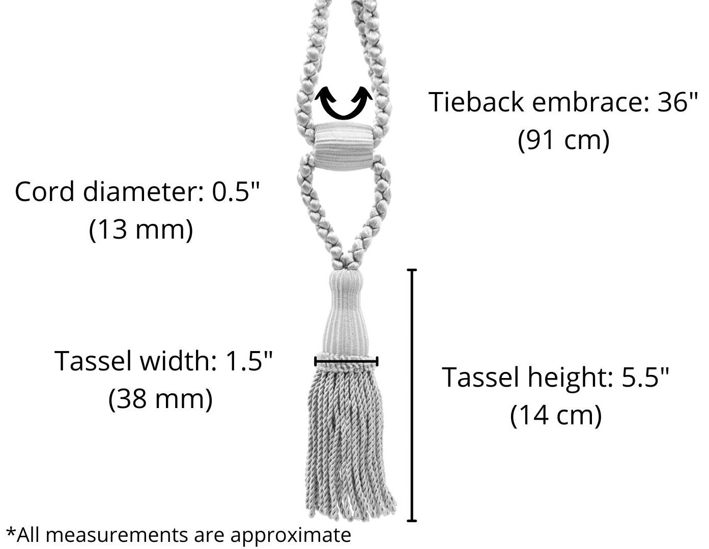 DÉCOPRO Beautiful Curtain & Drapery Tassel Tieback, Adjustable Cord Length with Elegant Bullion Design, Tassel Length 5 1/2" (14cm), Spread 36" (91cm) # TBC055SPR36 Light Gold #B7 (Light Yellow Gold) | Set of 2 - DecoPro