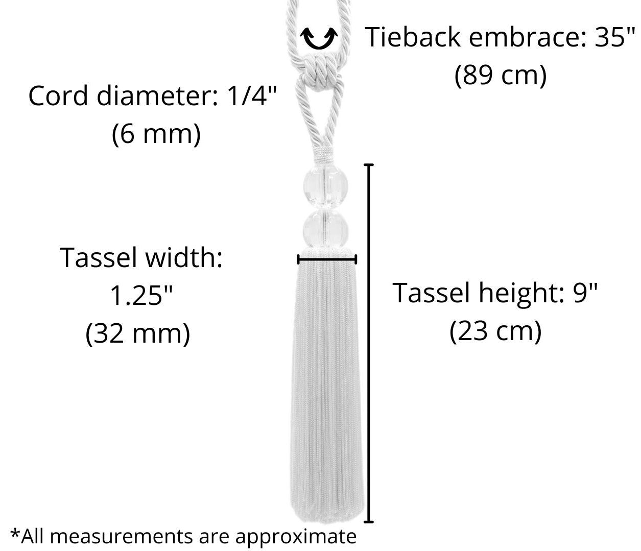 DÉCOPRO Elegant Acrylic Crystal Curtain & Drapery Tassel Tieback with Faceted Beads, Tassel Length 9" (22.5cm), Spread 35" (88.5cm) # TBCRYS9 Pearl White #6 (Bright White) | Set of 2 - DecoPro