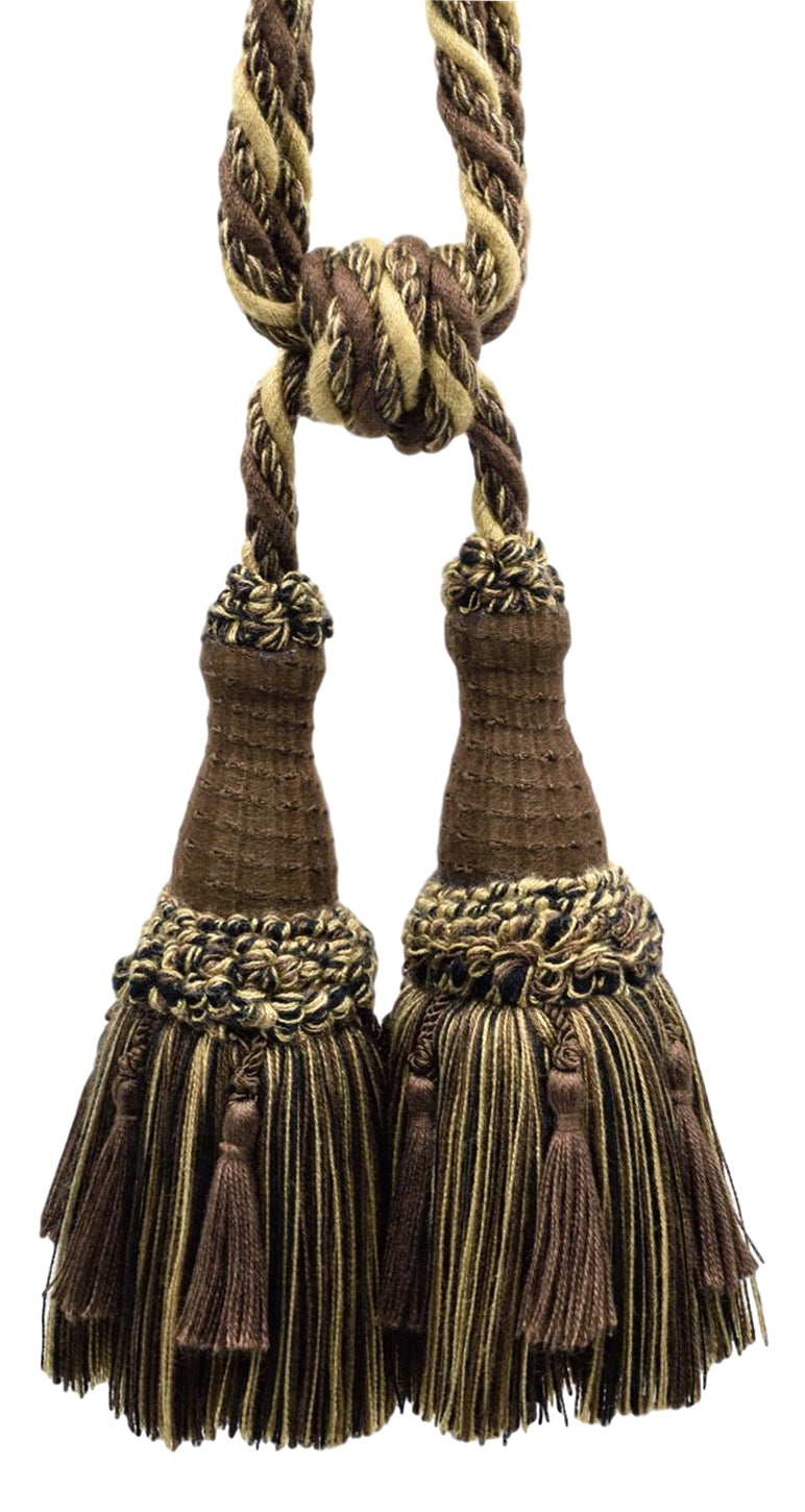 DÉCOPRO Beautifully Handcrafted Curtain & Drapery Tassel Tieback with Matte Finish, Tassel Length 6" (15cm), Spread 30" (76cm) # TBEMP62 Chocolate Biscotti Brown #W144 (Brown, Beige, Black) | Set of 2 - DecoPro