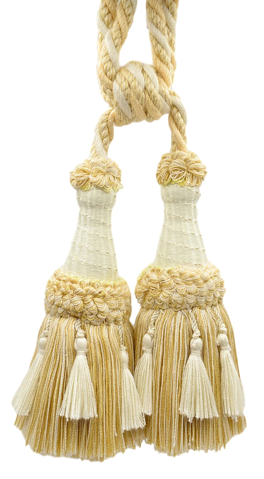 DÉCOPRO Beautifully Handcrafted Curtain & Drapery Tassel Tieback with Matte Finish, Tassel Length 6" (15cm), Spread 30" (76cm) # TBEMP62 Vanilla Gold #W94 (Light Gold, Yellow Gold, Ivory White) | Set of 2 - DecoPro