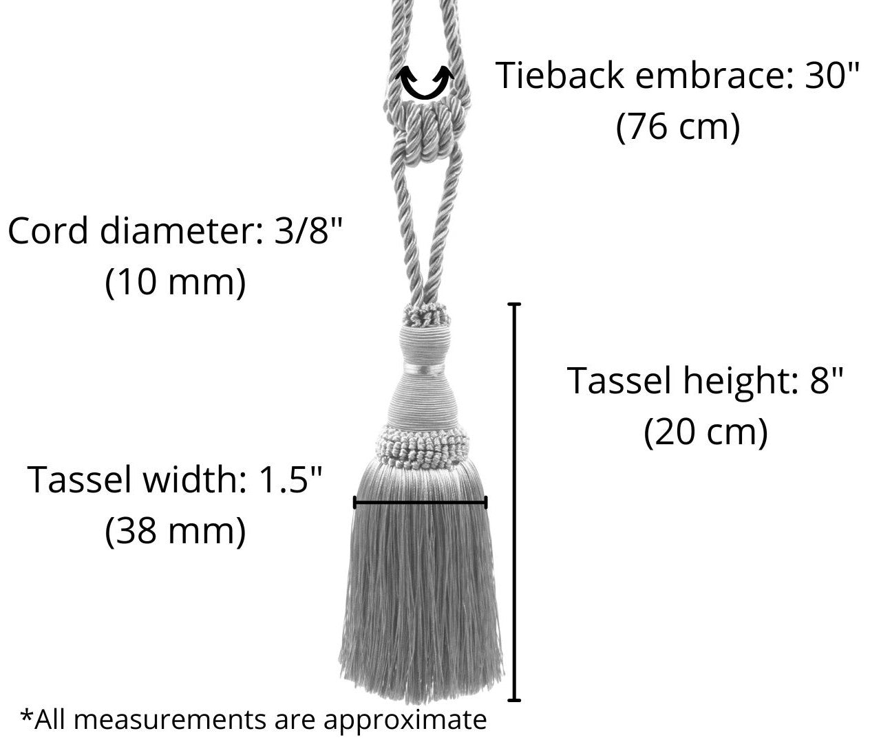 DÉCOPRO Noblesse Collection Elegant Curtain & Drapery Tassel Tieback, Tassel Length 8" (20cm), Spread 30" (76cm) # TBH8, Silver Grey, Black #SGB (Pure Black, Light Grey, Grey Silver) | Set of 2 - DecoPro