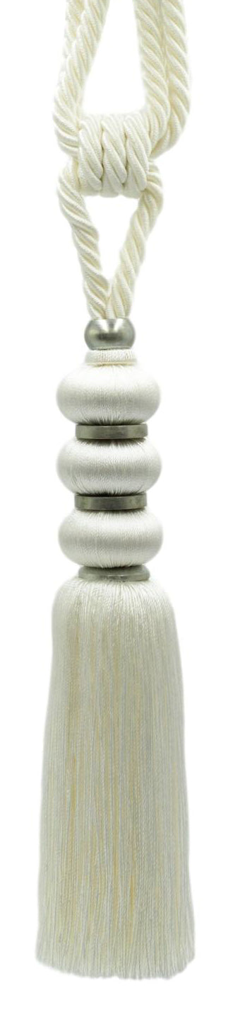 DÉCOPRO Elegant Curtain & Drapery Tassel Tieback, Contemporary Design, with Silver Metal Accents, Tassel Length 10" (25cm), Spread 26" (66cm) # TBMD10 Pure White #A1 (Bright White) | Set of 2 - DecoPro
