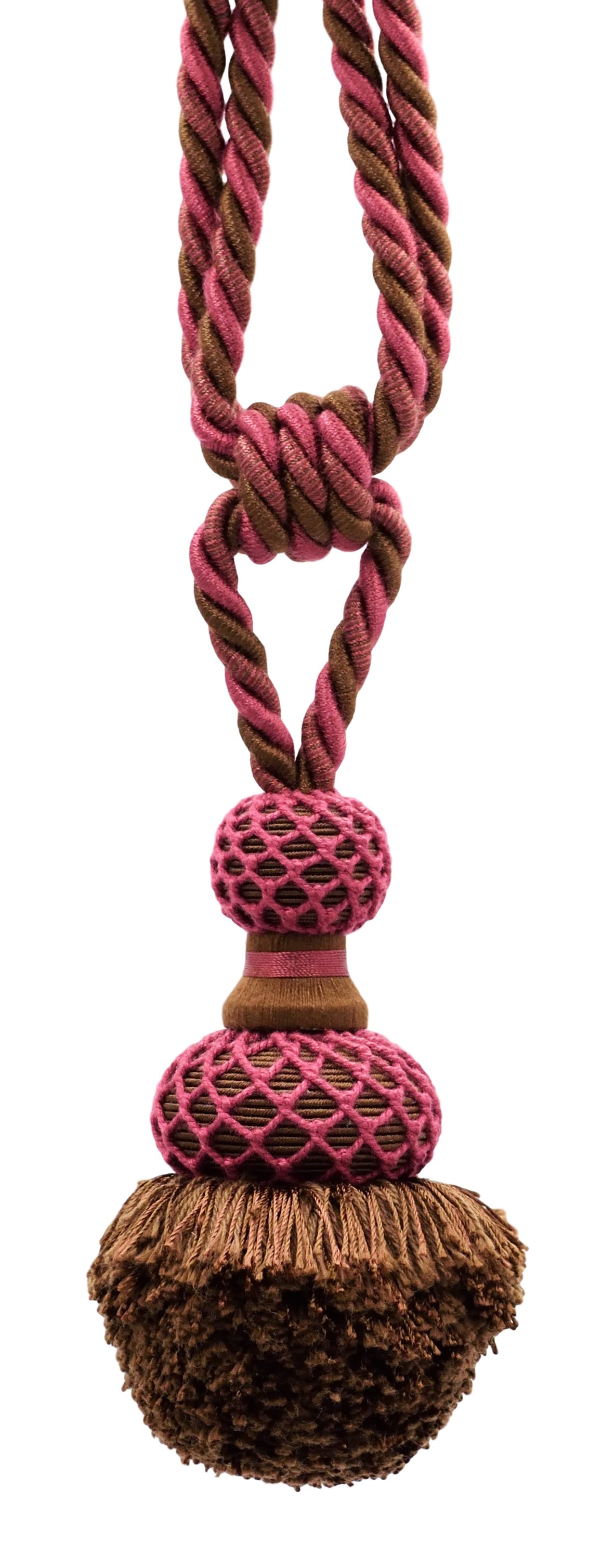 DÉCOPRO Exquisite Pom Design Curtain & Drapery with Elegant Hand Crocheted Net Tassel Tieback, Tassel Length 3" (7.5cm), Spread 24" (61cm) # TBMOP05 Raspberry Brown #CC03 (Chocolate Brown, Magenta Pink) | Set of 2 - DecoPro