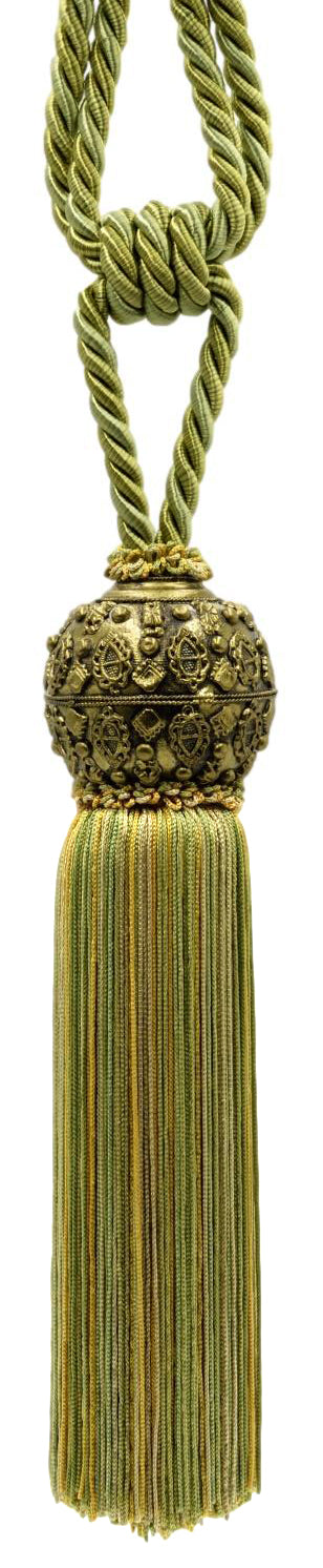 DÉCOPRO Raja Collection Beautiful Curtain & Drapery Tassel Tieback with Ornamental Antique Head, Tassel Length 10" (25cm), Spread 30" (76cm) # TBMTL10 Golden Sage Green #RJ09 (Light Green, Sage Green, Brass Gold) | Set of 4 - DecoPro