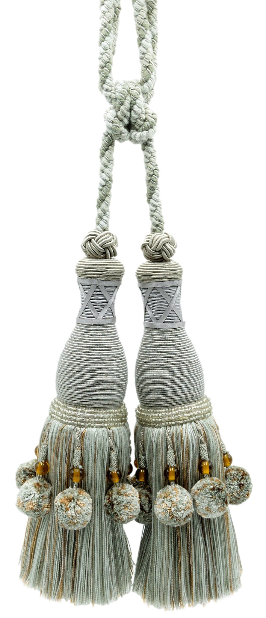 DÉCOPRO Marrakesh Collection Tassel Curtain and Draperys with Beaded Poms Tassel Tieback, Tassel Length 10" (25cm), Spread 34" (86cm) # TBRW102 Light Sand Blue #VL05 (Light Blue, Sand Beige, Baby Blue) | Set of 2 - DecoPro