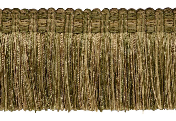 Veranda Collection 3 inch Brush Fringe Trim / Artichoke Green, Medium Gold / Style#: 0300VB / Color: Olive Grove - VNT15 / Sold by the Yard