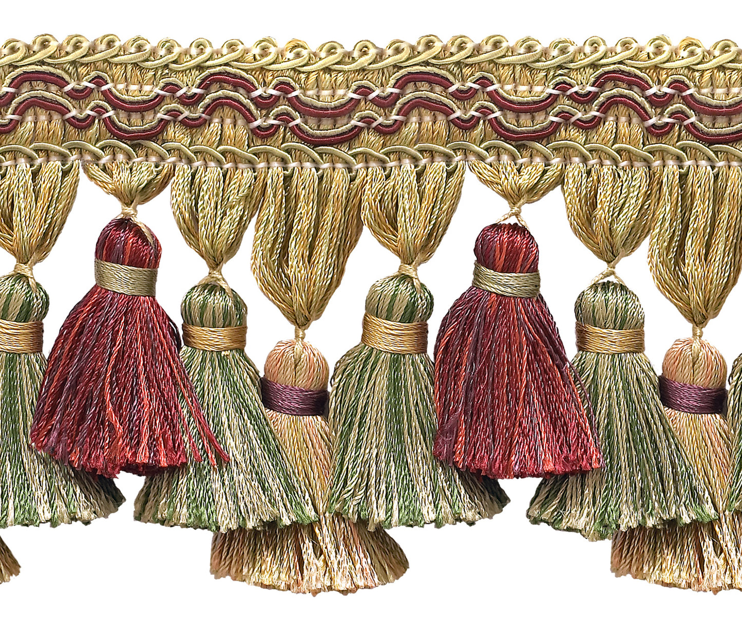 Wine, Gold, Green 3 3/4 inch Imperial II Tassel Fringe Style# TFI2 Color: CHERRY GROVE - 4770 (Sold by The Yard) - DecoPro