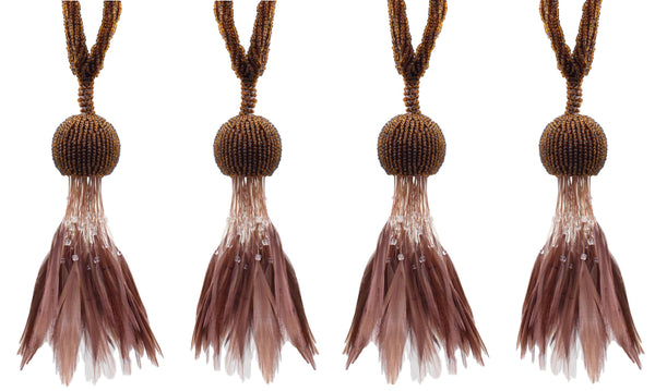 Set of 4 / Brown Beaded Feathered Tassel Tieback / 5 inch long Tassel, 23 inch Spread (embrace) / Style# TBBDFEATHER5 (9457) Color: Toasted Chestnut - 101884