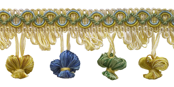 Green, Gold, Blue 2 inch Imperial II Onion Tassel Fringe Style# NT2503 Color: MOUNTAIN SPRING - 4668 (Sold by The Yard)
