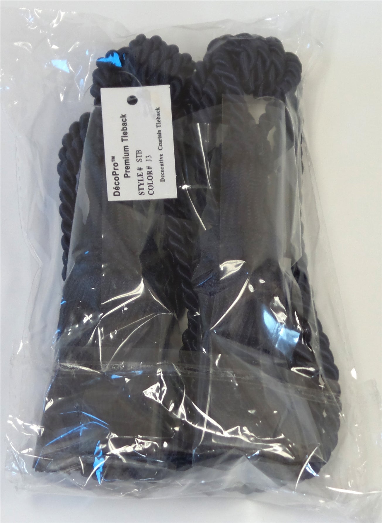 Pair Of Premium Navy Blue Decorative Chainette Tiebacks, 5 inch Tassel Length, 30 inch Spread (embrace), Color: Dark Navy Blue - J3 - DecoPro