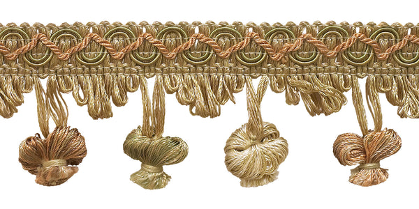 Light Peach, Olive Green, Ivory 2 inch Imperial II Onion Tassel Fringe Style# NT2503 Color: PRAIRIE PEACH - 3853 (Sold by The Yard)