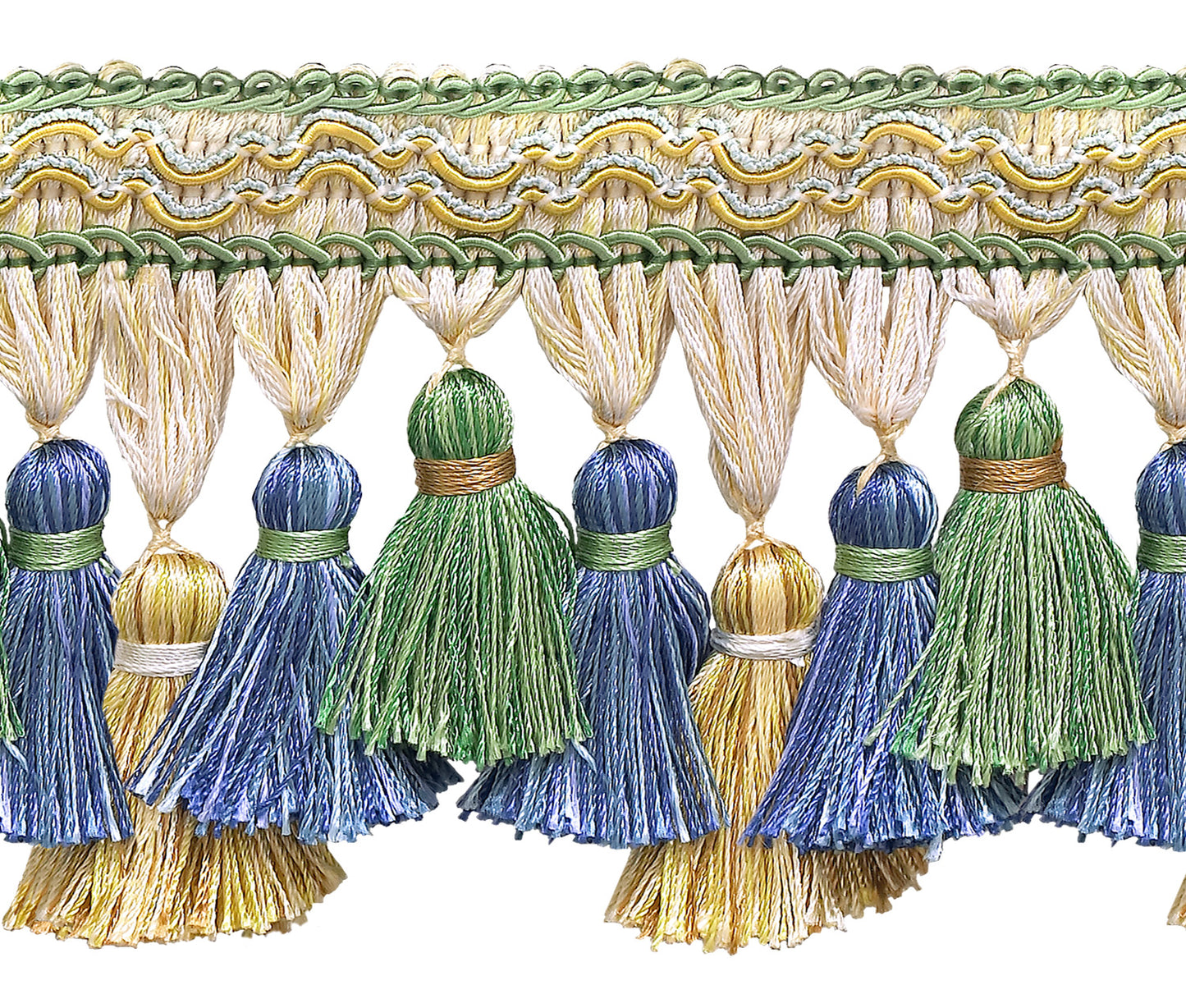 Green, Gold, Blue 3 3/4 inch Imperial II Tassel Fringe Style# TFI2 Color: MOUNTAIN SPRING - 4668 (Sold by The Yard) - DecoPro