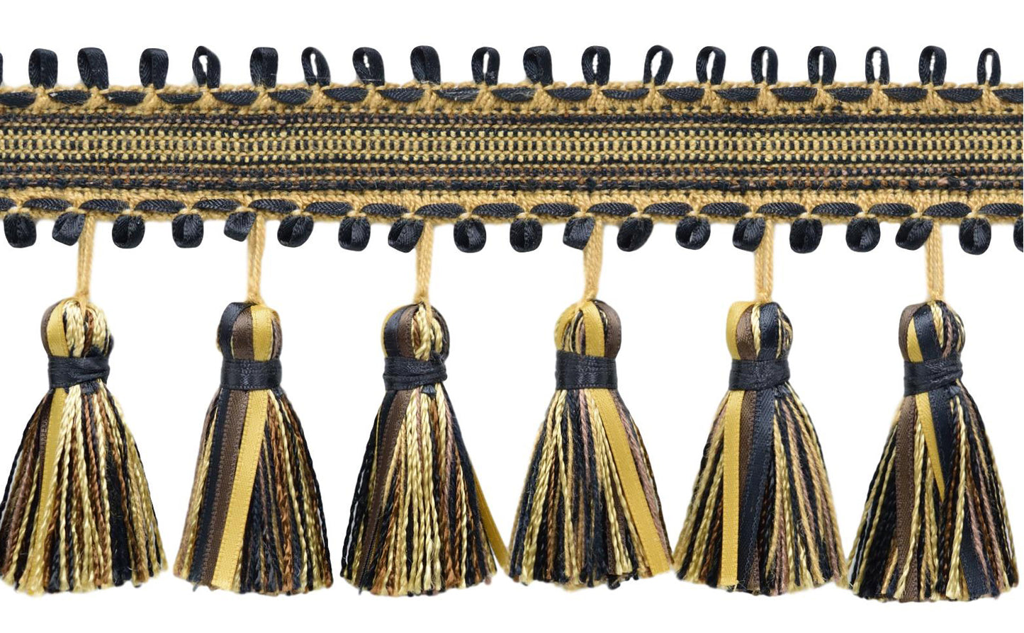 3 3/4 inch Ribbon Tassel Fringe / Style# RTF0375, Color: Chocolate Brown, Gold, Black, Straw - 21768 (Sold by The Yard) - DecoPro