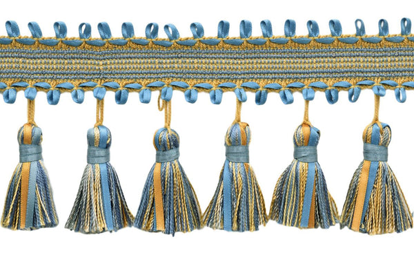 13.5 Yard Package / 3 3/4 inch Ribbon Tassel Fringe / Style# RTF0375, Color: French Blue, Cadet Blue, Gold, Champagne - 51527 / 40.5 Ft / 12.3 Meters