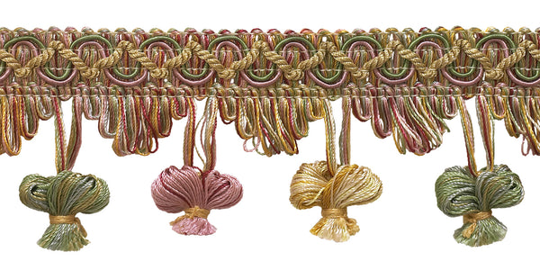 Dusty Rose, Pastel Green, Light Gold 2 inch Imperial II Onion Tassel Fringe Style# NT2503 Color: ROSE GARDEN - 3549 (Sold by The Yard)