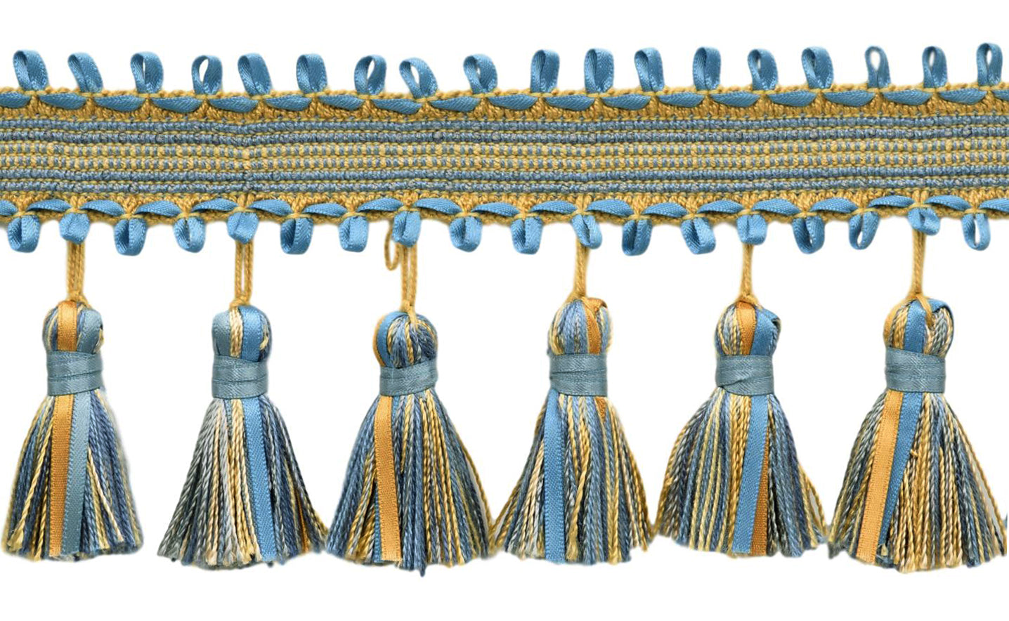 3 3/4 inch Ribbon Tassel Fringe / Style# RTF0375, Color: French Blue, Cadet Blue, Gold, Champagne - 51527 (Sold by The Yard) - DecoPro