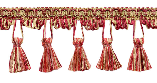 24 Yard Package - 2.5 Inch Auburn, Wine, Beachwood, Camel Gold Tassel Fringe Trim / Basic Trim Collection / Style# TFC025 / Color: Flambe - PR02 (72 Ft / 21.9 Meters)