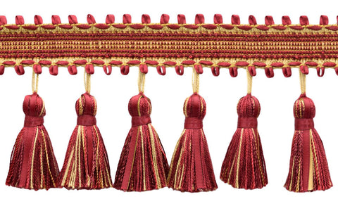 13.5 Yard Package / 3 3/4 inch Ribbon Tassel Fringe / Style# RTF0375, Color: Burgundy, Camel Beige, Gold - 71379 / 40.5 Ft / 12.3 Meters