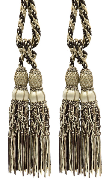 Pair of Beautiful Mocha Brown, Beige, Ivory Curtain & Drapery Large Double Tassel Tieback/10 inch tassel, 38 inch Spread Decorative Rope Holdback / Style# TBEL10-2 (21204) Color: EL19