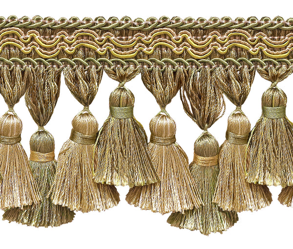 Light Olive Green, Light Gold with Beige 3 3/4 inch Imperial II Tassel Fringe Style# TFI2 Color: WINTER PRAIRIE - 2935 (Sold by The Yard)