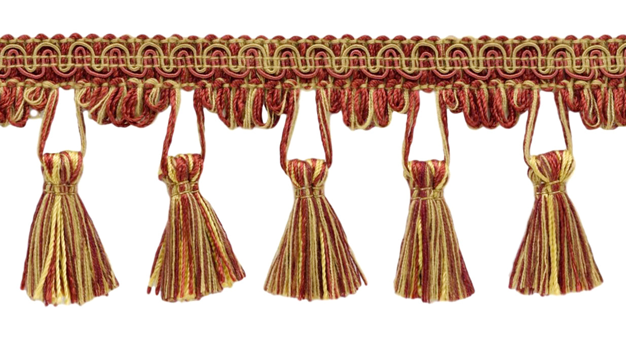 2.5 Inch Camel Beige, Molten Lava, Beachwood, Brick Dust, Dark Rust, Chinese Red Tassel Fringe Trim / Style# TFC025 / Color: Sunset - PR15 / Sold By the Yard - DecoPro