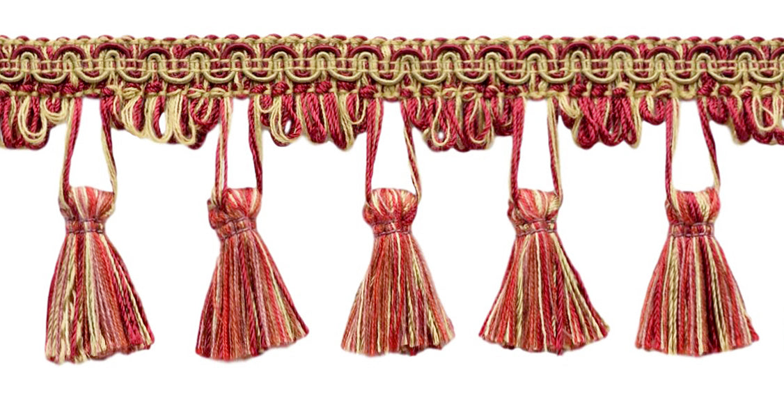 2.5 Inch Auburn, Wine, Beachwood, Camel Gold Tassel Fringe Trim / Style# TFC025 / Color: Flambe - PR02 / Sold By the Yard - DecoPro