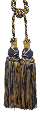 30 Inch Spread Traditional Tie Double Lattice Crown Brush Tassel Tieback #TBIC2-RN, Nautical Gold Multicolor #X1152 (Light Gold, Yellow Gold, Navy Blue), 2 Pack