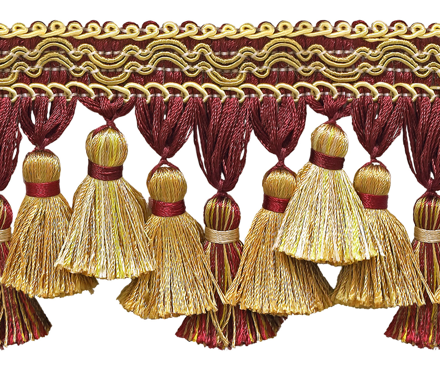 5 Yard Value Pack of Burgundy Red, Gold 3 3/4 inch Imperial II Tassel Fringe Style# TFI2 Color: BURGUNDY GOLD - 1253 (15 Ft / 4.5 Meters) - DecoPro