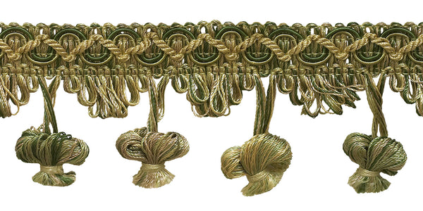 Olive Green, Champagne 2 inch Imperial II Onion Tassel Fringe Style# NT2503 Color: SAGEGRASS - 4567 (Sold by The Yard)