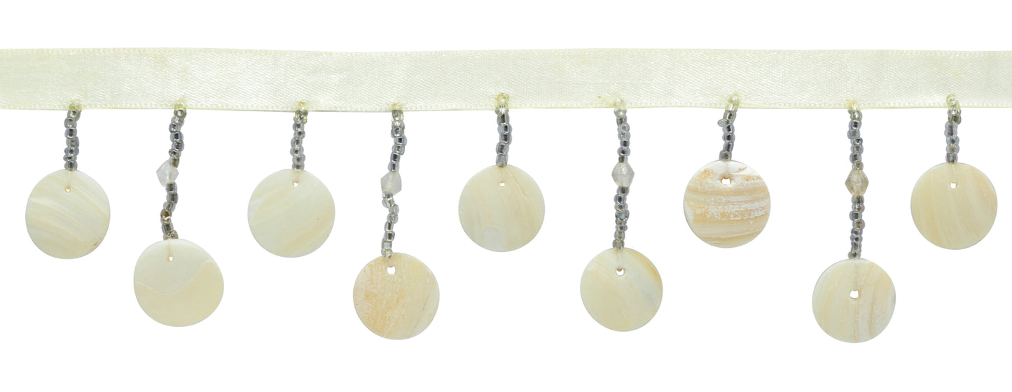 2" (5cm) Beautiful Handcrafted Flat Round Mother of Pearl | Fringe Trim (Style# B40646-GL), #OW Solid / White Ivory - Sold By The Yard - DecoPro