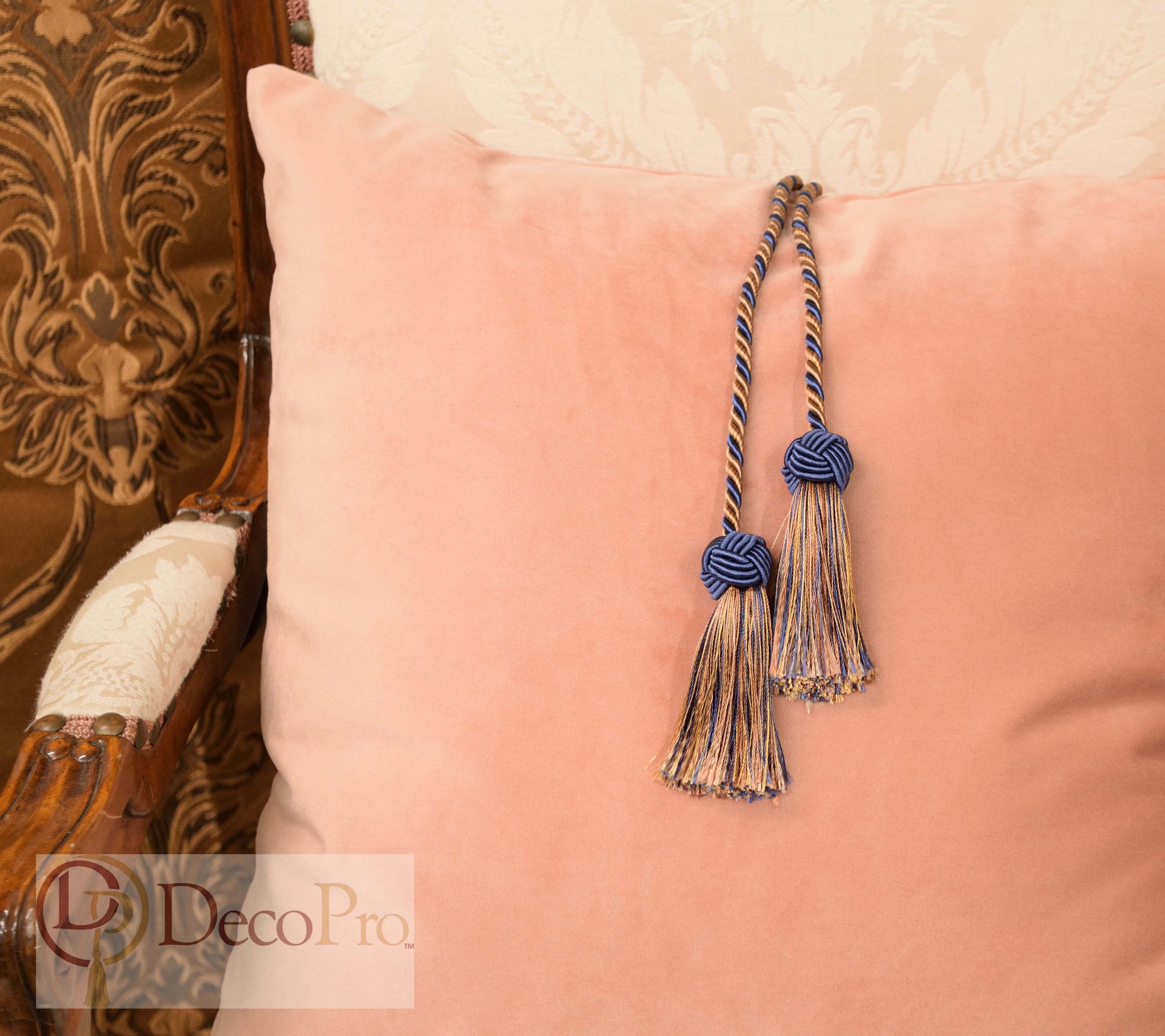 DÉCOPRO Baroque Collection Double Tassel Curtain and Drapery Tieback / Holdback, 3 1/2" (8.5cm), 20" (50.5cm) # BCT, Navy Beige Blue #5817 (Navy Blue, Royal Blue, Golden Beige) | Set of 12 - DecoPro