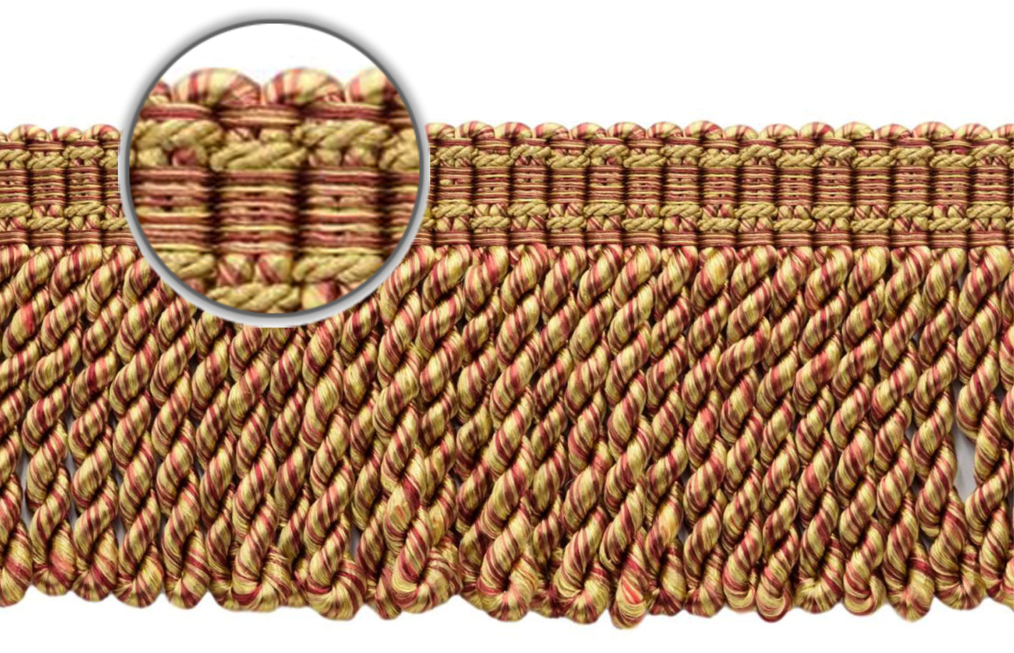 DÉCOPRO 3" (7.5cm) Bullion Fringe Trim with Fancy Woven Gimp Header # BFMLT3WVN, Bistro Beige #PR02 (Golden Beige, Wine Red, Yellow Gold) | Sold By The Yard (36"/3 ft/0.9m) - DecoPro