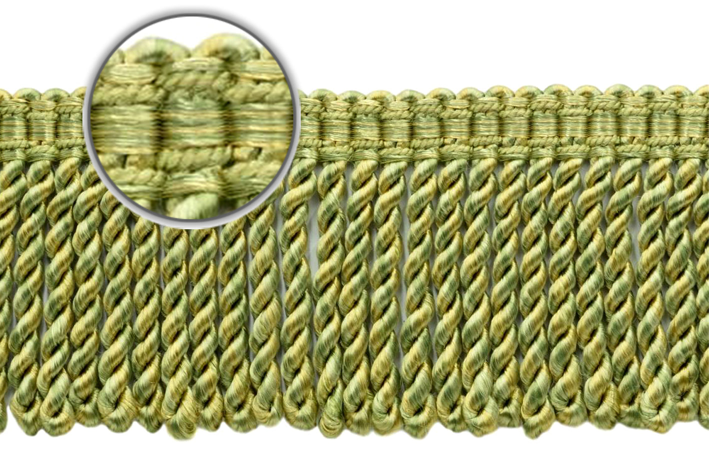 DÉCOPRO 3" (7.5cm) Bullion Fringe Trim with Fancy Woven Gimp Header # BFMLT3WVN, Lemongrass Green #PR12 (Light Green, Yellow Green, Yellow Gold) | 5 Yards (15 ft/4.5m) - DecoPro