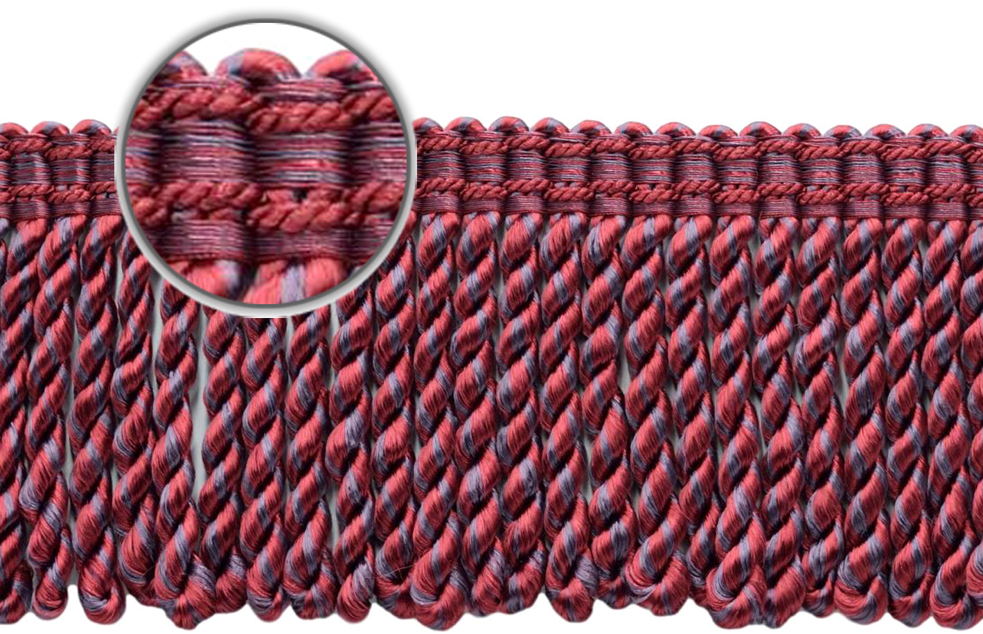 DÉCOPRO 3" (7.5cm) Bullion Fringe Trim with Fancy Woven Gimp Header # BFMLT3WVN, Wine Medley Purple #PR22 (Violet Purple, Blood Red) | 5 Yards (15 ft/4.5m) - DecoPro