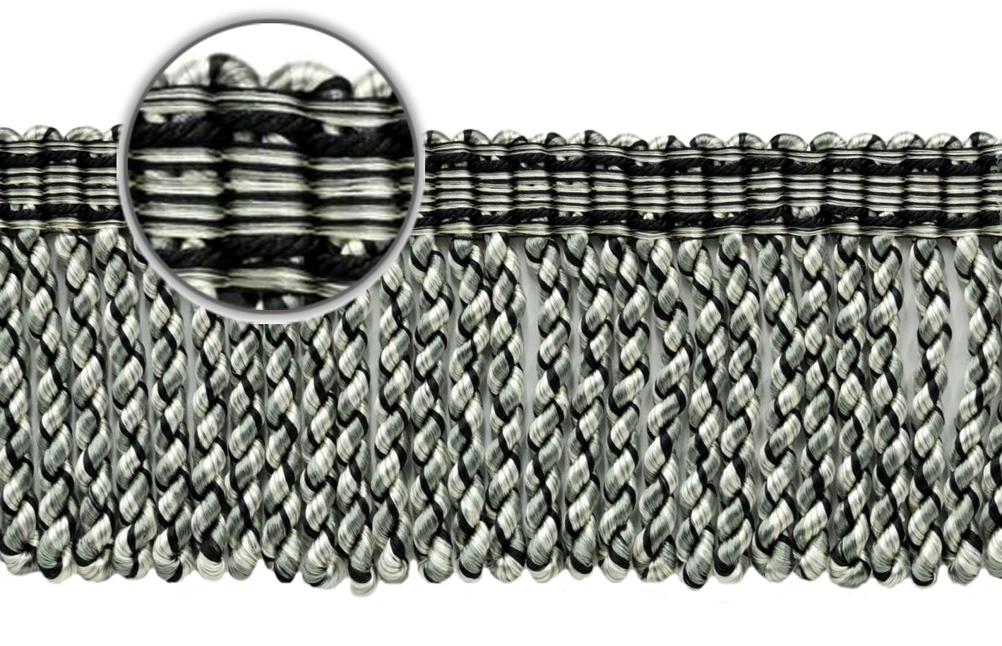 DÉCOPRO 3" (7.5cm) Bullion Fringe Trim with Fancy Woven Gimp Header # BFMLT3WVN, Silver Grey Black #PR23 (Pure Black, Light Grey, Grey Silver) | Sold By The Yard (36"/3 ft/0.9m) - DecoPro